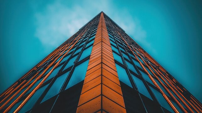 Low-angle view of tall structure; glass and brown panels under vibrant blue sky
