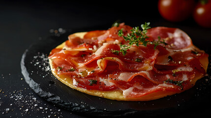 Luxurious Presentation of Spanish Tostada with Sliced Meats and Fresh Herbs on a Dark Slate Background