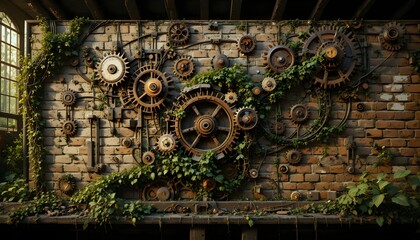 Steampunk Gears on Brick Wall with Vines