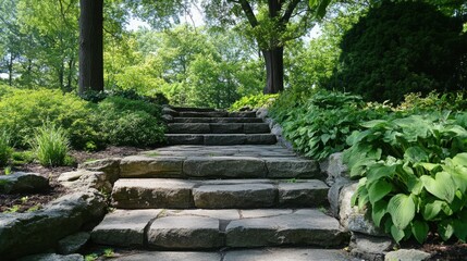 Stone steps connect garden paths, surrounded by vibrant green ground cover and plants, creating a tranquil outdoor space on a sunny day.