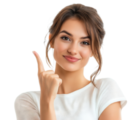 Happy young woman pointing upward, isolated on transparent cutout background