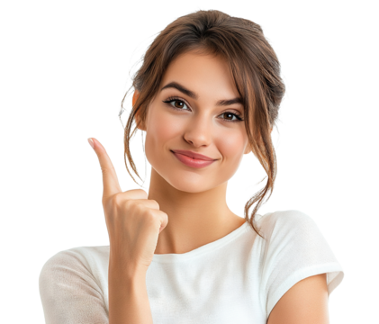 Happy young woman pointing upward, isolated on transparent cutout background
