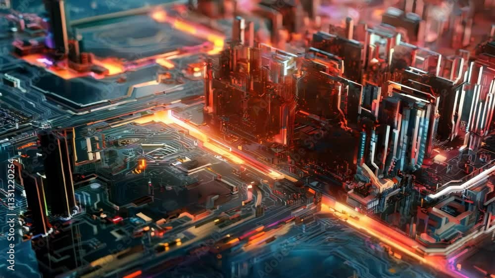 Poster Computer technology abstraction with connected hardware or data servers in neon lights of wires