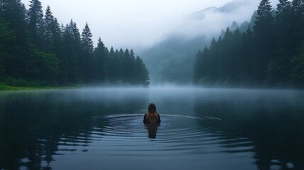 Woman in misty mountain lake.