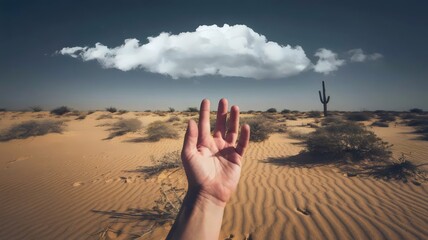 Hand reaching for distant cloud in vast desert &ndash; Perfect for isolation, unfulfilled aspirations, or personal growth imagery.