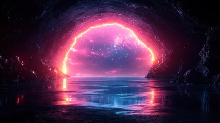 Obraz premium Glowing portal in a dark cave reflected in still water.