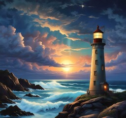 Illustration of lighthouse with starry sky.