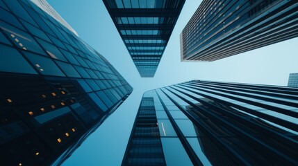 A group of high-rise buildings overlaid with financial data visualizations symbolizes commercial real estate investment growth. Ultra-sharp textures and clear depth.