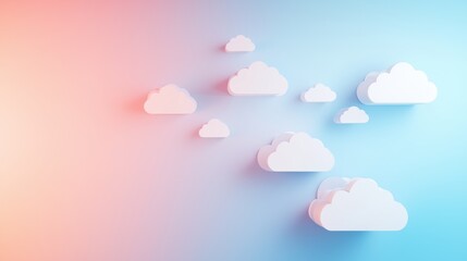 Cloud Icons Multiple cloud icons in different sizes and colors, interconnected and floating against a gradient background, representing a dynamic cloud ecosystem.