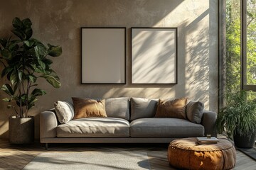 Minimalist living room with blank poster frames above a gray sofa, set against a beige background.