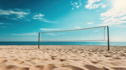 Beach volleyball net on sunny shore. Perfect for summer, vacation, and sports themes.