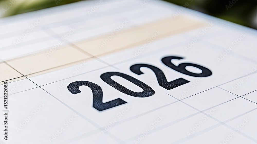 Poster closeup view of a calendar page showing the year 2026 printed in bold black numbers on a white grid 