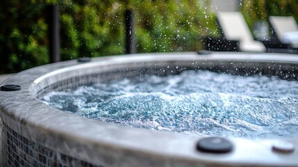 Marble-rimmed hot tub with bubbling water, greenery visible behind