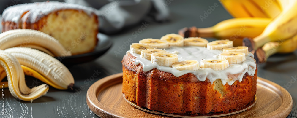 Poster freshly baked banana cake topped with sliced bananas and icing sits on wooden plate, with whole bana