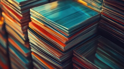 Naklejka premium Stacks of Colorful Papers and Books: A Vibrant Display of Literature and Knowledge