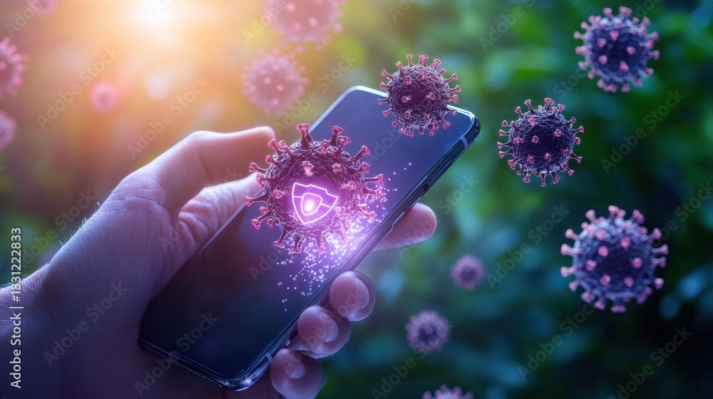 Poster virus and malware protection hand holding a smartphone with a virus scan in progress and a shield ic