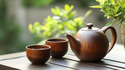 Brown wooden tea cup and earthenware teapot at the balcony chilling outdoor relaxing