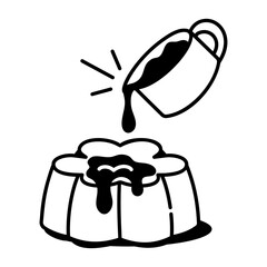 A doodle icon of pouring syrup on chocolate pudding
