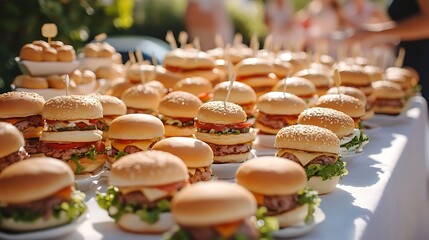 Buffet table with many mini burgers at outdoors birthday party for children kids catering at wedding day bright tasty hamburgers with fish chicken meat salad