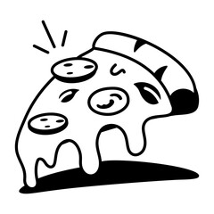 Cheesy pizza slice icon in hand drawn style 

