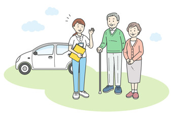 外で会話をする介護福祉士かケアマネージャーの女性と高齢夫婦のイラスト