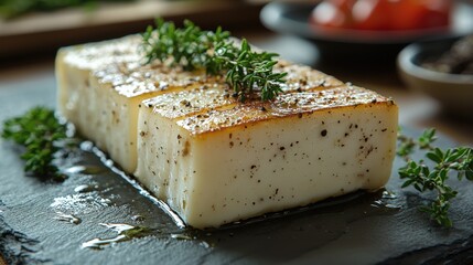 Fresh halloumi cheese block with brine droplets on a slate plate
