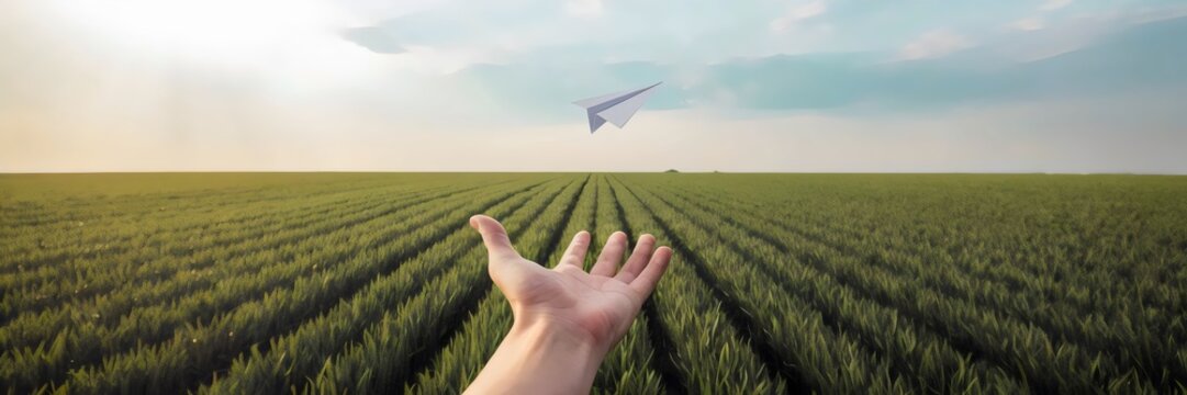 Hand reaching for paper plane above green field with sunlight and clouds – Ideal for themes of hope, renewal, and boundless opportunities in future-focused content.