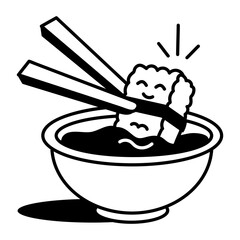 Dipping rice sushi in a sauce, doodle style icon 

