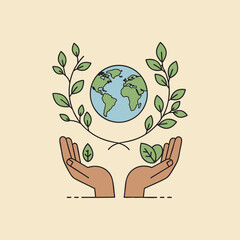 Earth Day Illustration &ndash; Hand Holding a Green World with Mountain and Forest in Pastel Colors