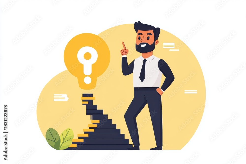 Poster establishment success competition business concept. businessman with a question mark indicating a pa