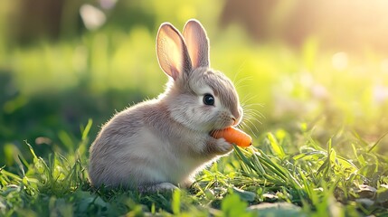 Fototapeta premium Bunny in grass is eat with carrot colourful background