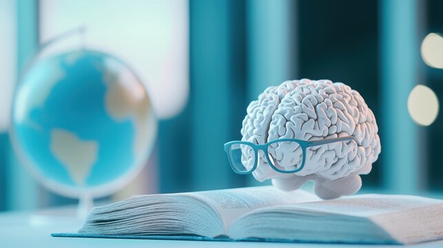 Brain with Glasses or Smart Look Brain with glasses reading a newspaper, surrounded by books and a globe, representing knowledge, current events, and global awareness.