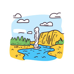 Simple minimalist drawing of Yellowstone National Park.Yellowstone National Park illustration in an doodle inca cartoon style