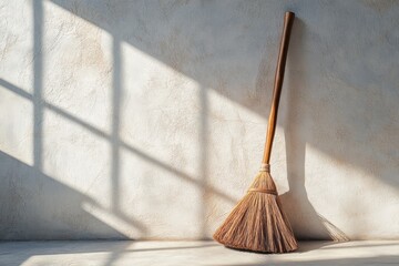 A wooden broom leaning against a textured wall with shadows