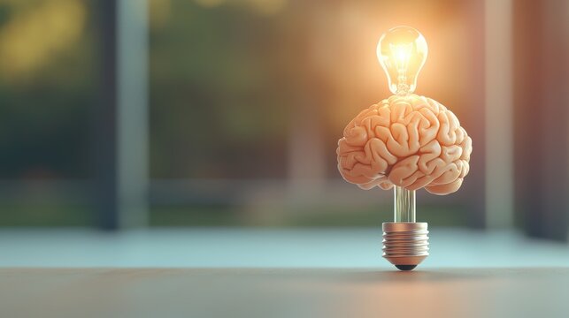 Brain and Lightbulb Cartoon brain with a brightly lit lightbulb above it, symbolizing a brilliant idea, inspiration, and creative thinking.