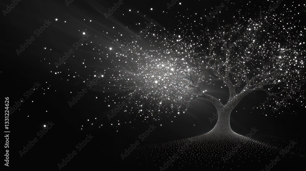 Poster glowing tree with light particles radiating outwards in dark space.