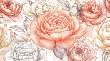 Vintage Hand-Sketched Illustration of Peonies and Roses in Soft Pastel Tones