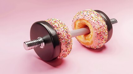 Dumbbell shaped like a donut on a pink background promoting health and fitness