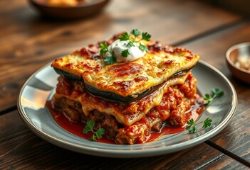 Delicious Moussaka dish with eggplant, meat sauce, and bechamel sauce