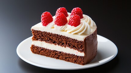 Delicious chocolate cake slice with raspberries gourmet dessert photography studio setting aesthetic food presentation