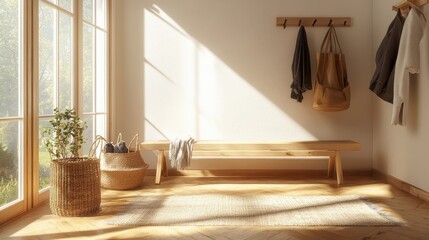 Sunlit entryway with bench, baskets, and coat rack