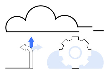 Cloud outline atop gear and directional arrows suggesting choices, growth, and technology. Ideal for innovation, technology, decision-making, data storage, cloud computing automation workflow. Flat