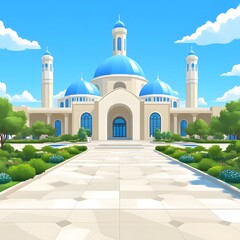 Fototapeta premium Majestic Mosque, Sunny Day, Landscaped Entrance