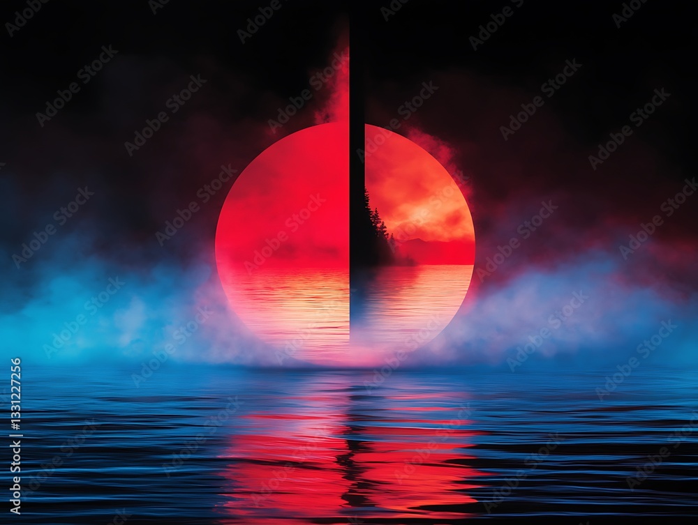 Poster abstract water reflection of the red eclipse with mysterious silhouette