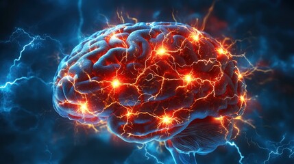 3D render of a brain with lightning bolts highlighting pain areas on blue background