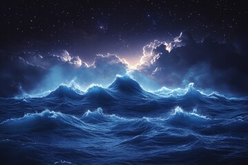 Low-angle view of a starry night sky with a mountain formed from ocean ripples, photorealistic and cinematic.