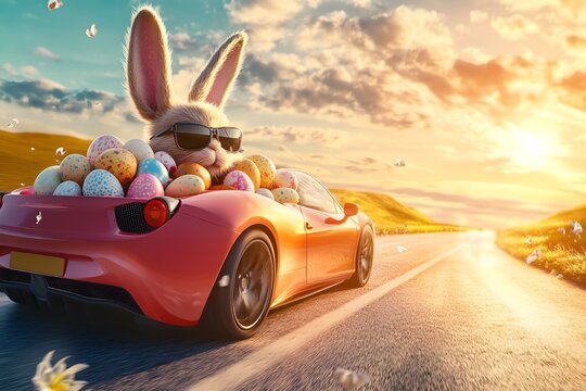 A white rabbit, wearing sunglasses, drives a red sports car brimming with colorful Easter eggs. The scene features a scenic sunset, winding roads, rolling hills, and a vibrant, whimsical atmosphere.