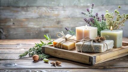 Rustic wooden tray featuring fragrant herbal soaps and calming candles, creating a serene spa-like ambiance