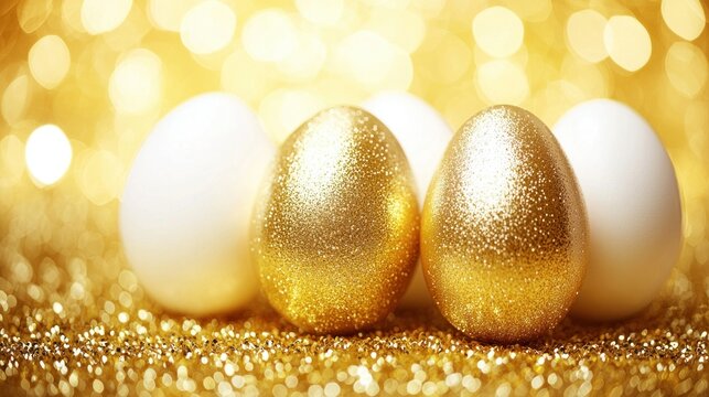 Eggs White and golden eggs on shimmering gold glitter, bokeh background