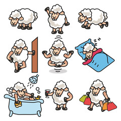 A collection of hand-drawn sheep illustrations in various poses and actions